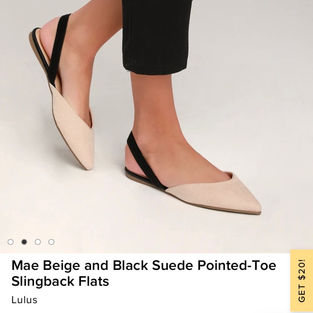 Brand New Mae Beige and Black Suede Pointed-Toe Slingback Flats